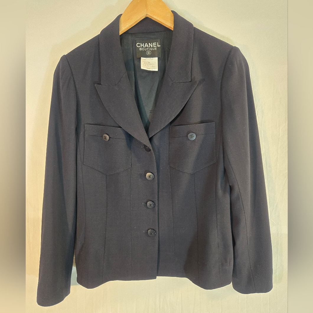 Chanel Women's Size 42 Black Wool Button Blazer Guc